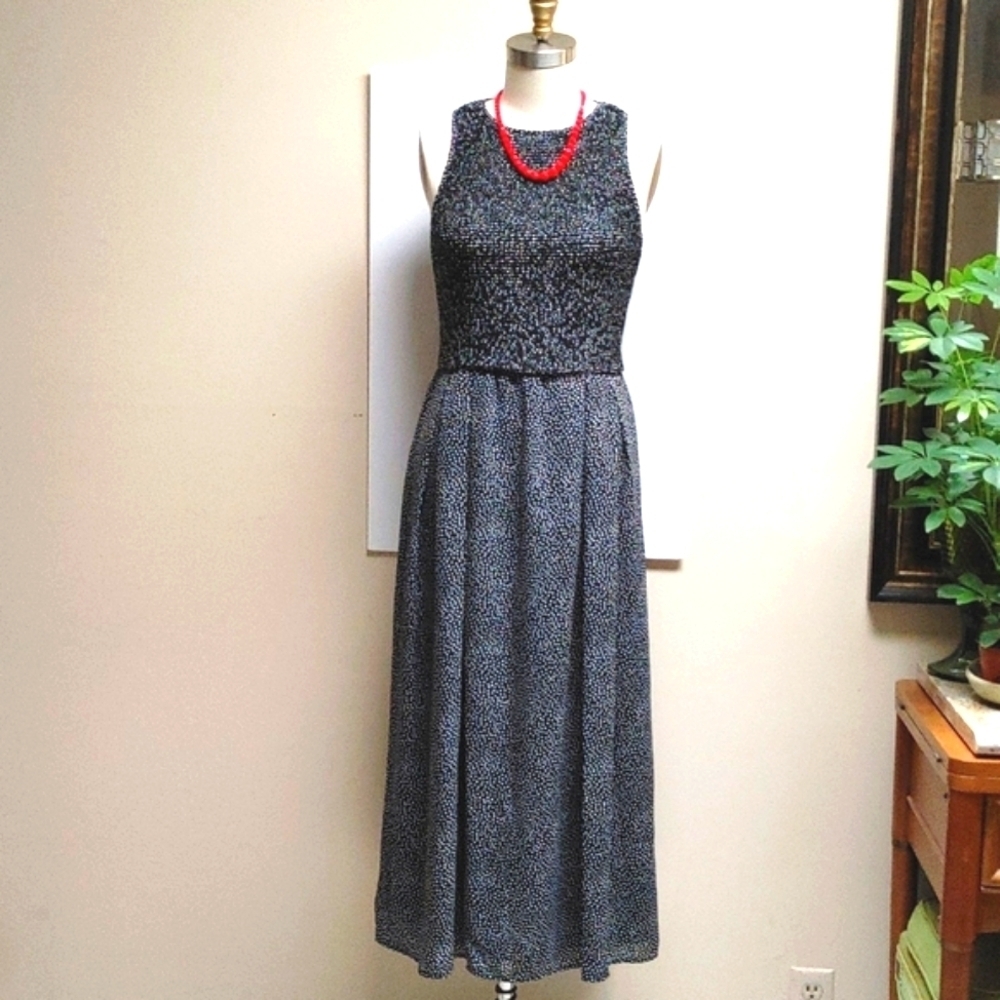 Black & White Polkadot Dress Sleeveless Shirred Bodice
